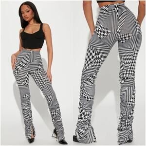 NWT Fashion Nova Stacked Pants Womens S Black White Houndstooth Y2K Grunge